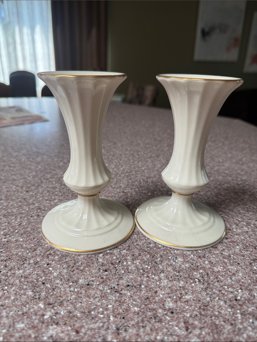 Lenox Cream Porcelain Candlesticks with Gold Trim Pair